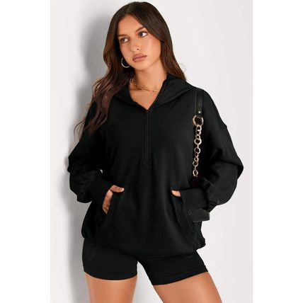 Black Solid Kangaroo Pocket Half Zipper Oversized Hoodie