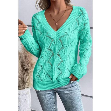 Mint Green Hollow Out Knit V Neck Drop Shoulder Sweater