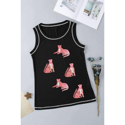 Black Sequin Cheetah Round Neck Stitching Loose Tank Top