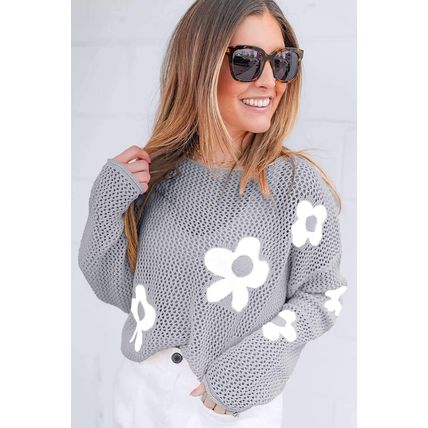 Light Grey Big Flower Hollowed Knit Drop Shoulder Sweater
