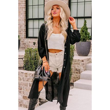 Black 3/4 Sleeve Button Up Long Kimono
