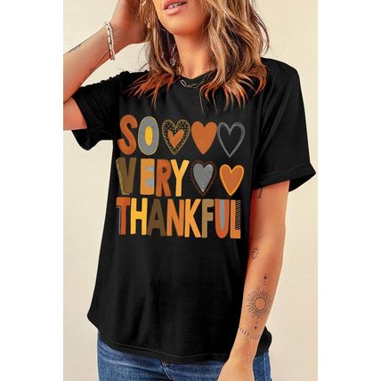 Black So Very Thankful Heart Printed Crewneck Thanksgiving T Shirt