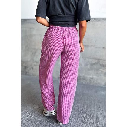 Pink Plaid Print Drawstring High Waist Wide Leg Casual Pants