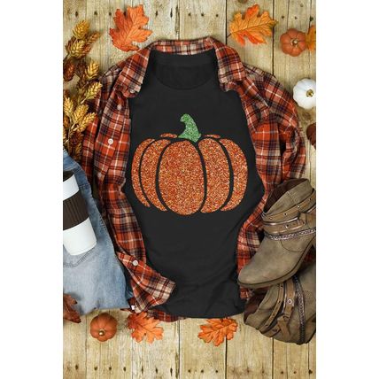 Black Glittering Pumpkin Graphic Halloween T Shirt