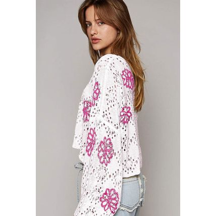 White Contrast Flower Print Eyelet Drop Shoulder Sweater