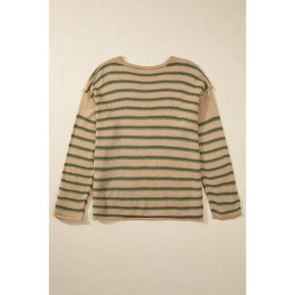 Khaki Stripe Drop Shoulder Casual Sweater