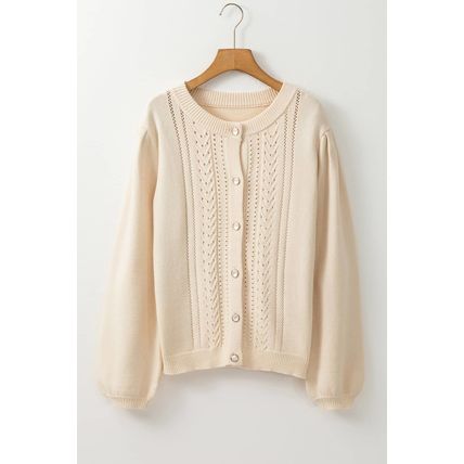 Apricot Pleated Sleeve Hollow Detail Button Sweater Cardigan