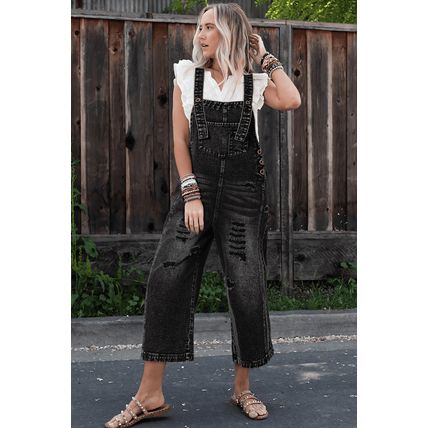 Black Distressed Bib Pocket Wide Leg Denim Overall