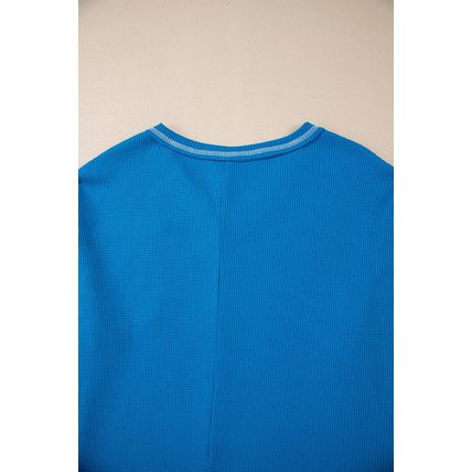 Sky Blue Lace Floral Patchwork Sleeve Stitching V Neck Rib Knit Blouse