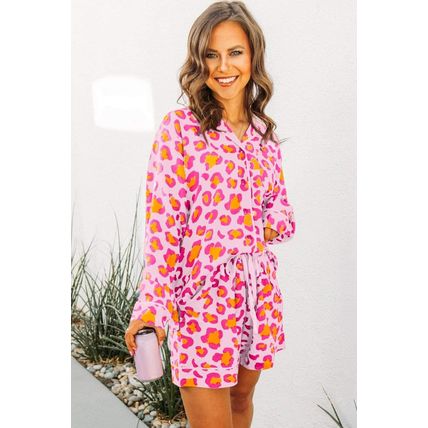 Pink Leopard Print Long Sleeve Shirt and Shorts Pajama Set