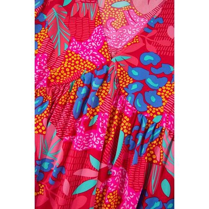 Rose Tropical Printed Lantern Sleeve V Neck Ruffled Plus Size Mini Dress