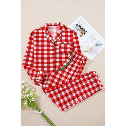 Fiery Red Christmas Plaid Print Shirt and Pants Pajama Set