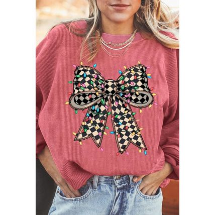 Strawberry Pink Checkered Bow Print Ribbed Crew Neck Pullover Sweatshirt