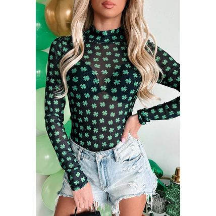 Green St Patrick Shamrock Printed Long Sleeve Mesh Bodysuit