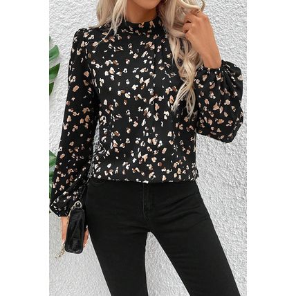 Black Leopard Print Lantern Sleeve Mock Neck Pleated Blouse