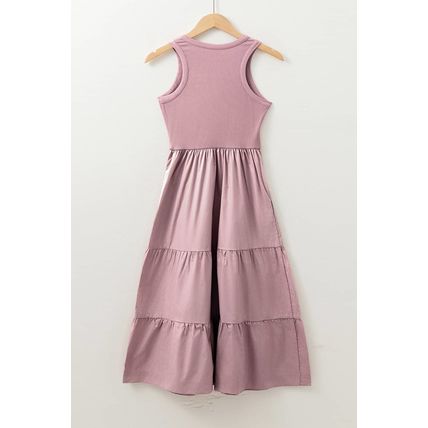 Sepia Rose Ribbed Vest Patchwork Tiered Midi Dress with Pockets
