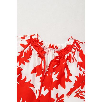 Red Plant Print Tiered Ruffled Sleeve V Neck Blouse