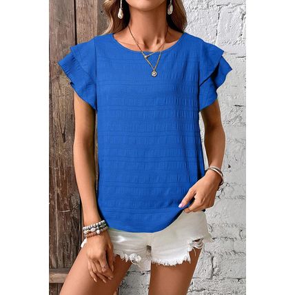 Dark Blue Textured Ruffled Sleeve Round Neck Top
