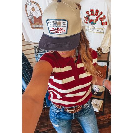 Red Stripe Collared Split Neck Sweater Vest