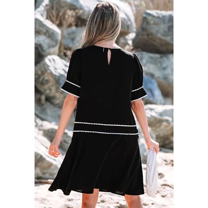 Black Contrast Scallop Trim Bow Detail Half Sleeve Shift Dress