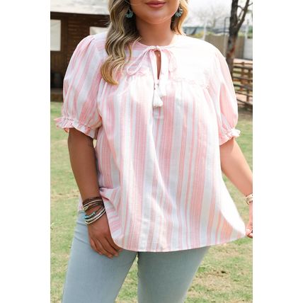 Pink Stripe Plus Size Tassel Tie Frilled Detail Short Sleeve Blouse