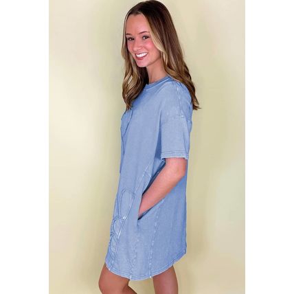 Sky Blue Mineral Wash Flower Patchwork Mini T Shirt Dress