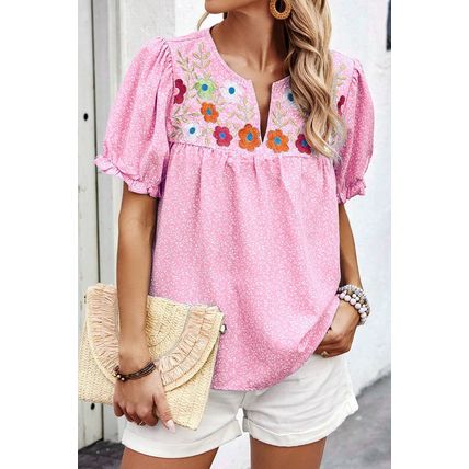 Pink Floral Embroidered Puff Sleeve Notched V Neck Blouse