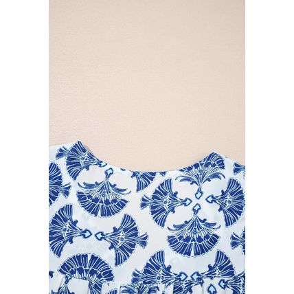 Sky Blue Geometric Print Tassel Drawstring V Neck Blouse
