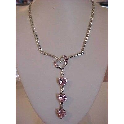 Heart Necklace Triple Pink Crystal Heart Y Necklace Silver Cable Chain 18"