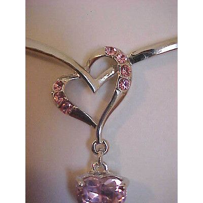 Heart Necklace Triple Pink Crystal Heart Y Necklace Silver Cable Chain 18"