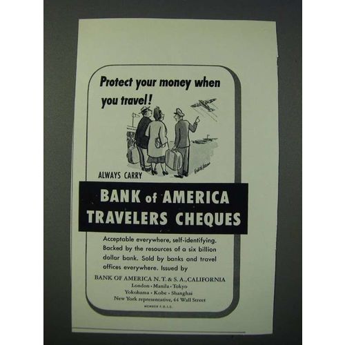 1949 Bank of America Travelers Cheques Ad - Protect Your Money When You Travel