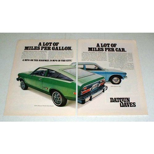 1976 2-page Datsun B-210 Hatchback Car Ad - Lot of Miles