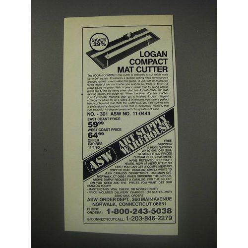 1990 ASW Art Suppy Warehouse Ad - Logan Compact Mat Cutter