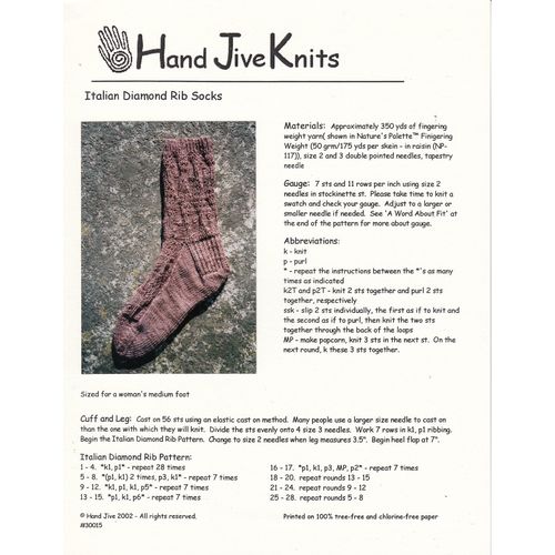 Hand Jive Knits: Italian Diamond RIb Socks~2002~Used Knitting Leaflet