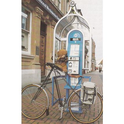 Teddy Bear at Natwest Bank Mercury Telephone Box Bicycle Postcard