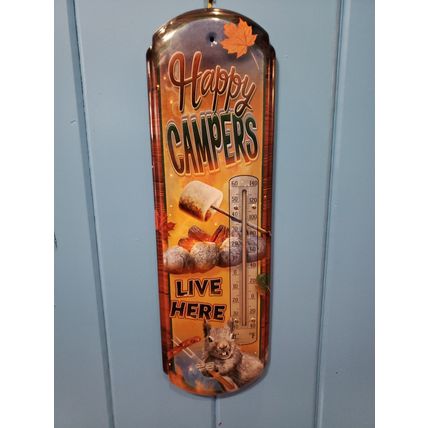 "Happy Campers Live Here" - Retro Large Metal Thermometer - Indoor/Outdoor