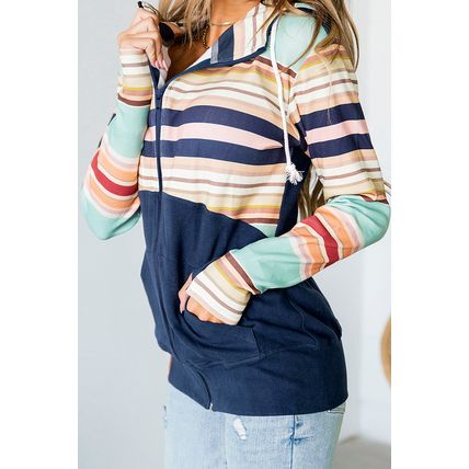 Blue Striped Color Block Thumbhole Sleeve Full Zip Hoodie