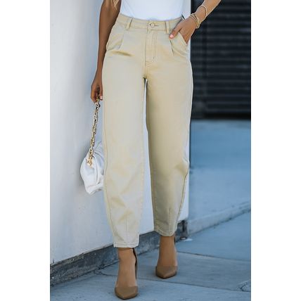 Khaki Solid High Waist Casual Pants