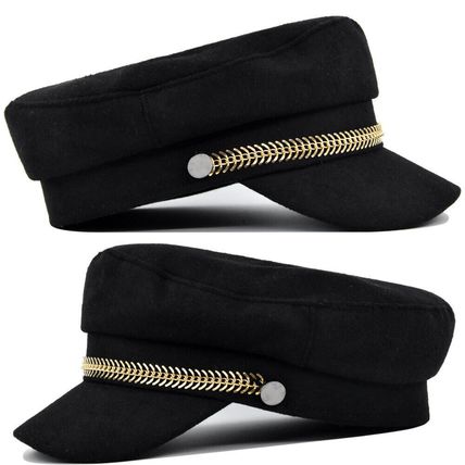 Women Faux Sailor Wool Captain Hat Flat Cap Army Style Chain Cabbie Beret Hat