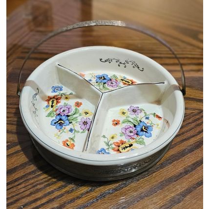Vintage 3-Section Heavy Ceramic Floral Japanese Dish with Pewter Filigree Holder