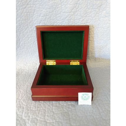 MAHOGANY COLORED HINGED BOX with TANGOE PLAQUE and GREEN FELT LINING