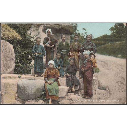 Group of Japanese Boys and Girls, c.1905 - Landeker & Brown Postcard