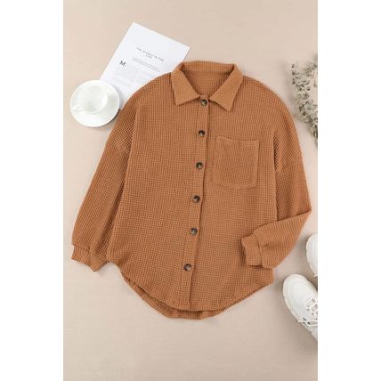 Brown Waffle Knit Button Up Casual Shirt