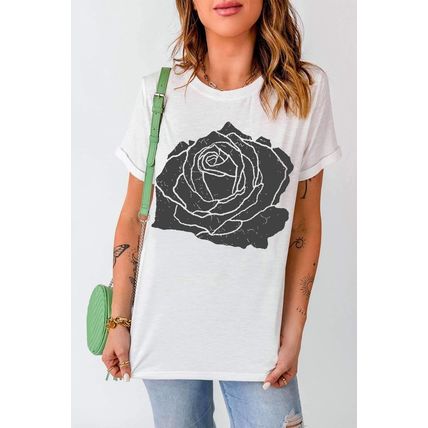 White Large Rose Print Round Neck T Shirt
