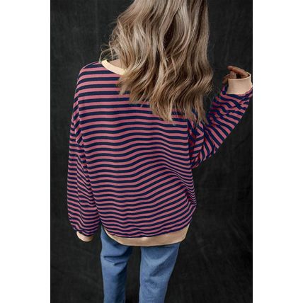 Red Stripe Oversized Contrast Trim Pullover Sweatshirt