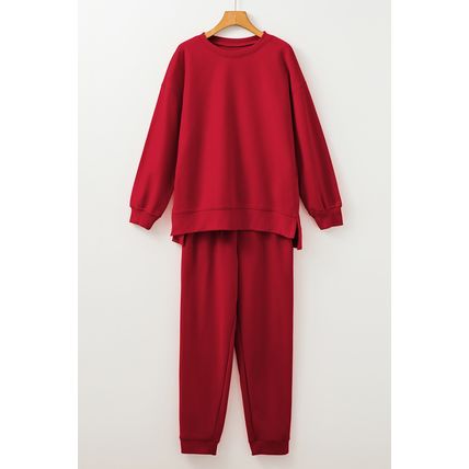 Racing Red Solid Color High Low Pullover and Skinny Pants Set