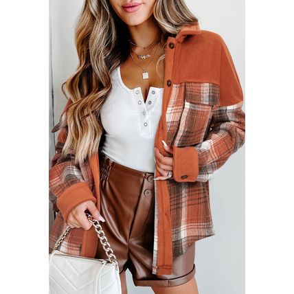 Khaki Colorblock Plaid Pattern Flap Pockets Buttoned Shacket