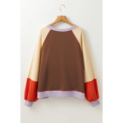 Orange Color Block Side Slits Raglan Sleeve Loose Fit Top