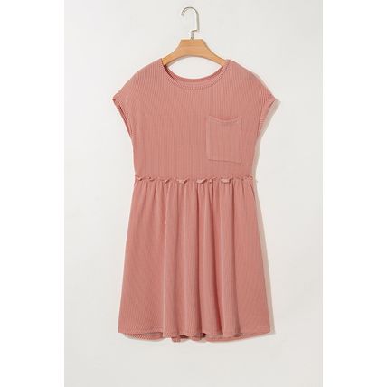 Dusty Pink Corded Knit Textured Patched Pocket Frilled Swing Mini Dress with Poc