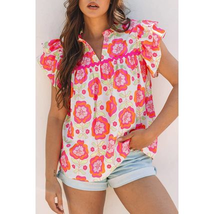 Rose Floral Ruffled Sleeve Ric-rac Trim Split Neck Loose Blouse